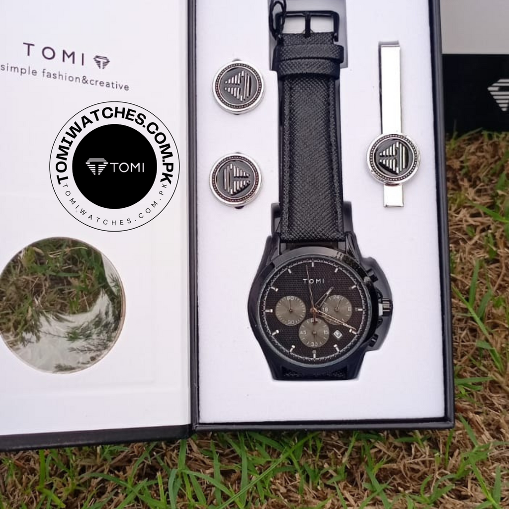 Tomi T-604 Men’s Luxury Stainless Steel Watch with Tomi Logo Cufflinks | Premium Quartz Wristwatch - Tomi Watches
