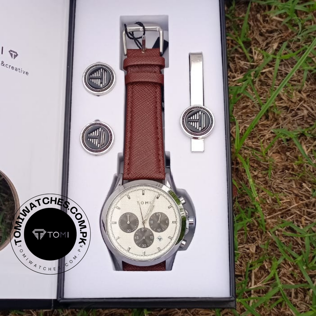 Tomi T-604 Men’s Luxury Stainless Steel Watch with Tomi Logo Cufflinks | Premium Quartz Wristwatch - Tomi Watches
