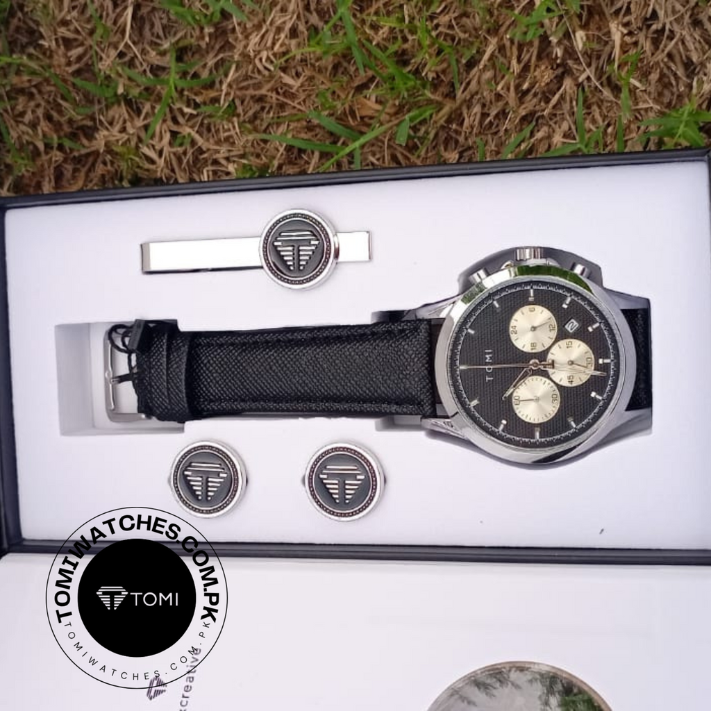 Tomi T-604 Men’s Luxury Stainless Steel Watch with Tomi Logo Cufflinks | Premium Quartz Wristwatch - Tomi Watches