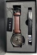 TOMI T-101 brown leather watch with stainless steel bracelet gift set