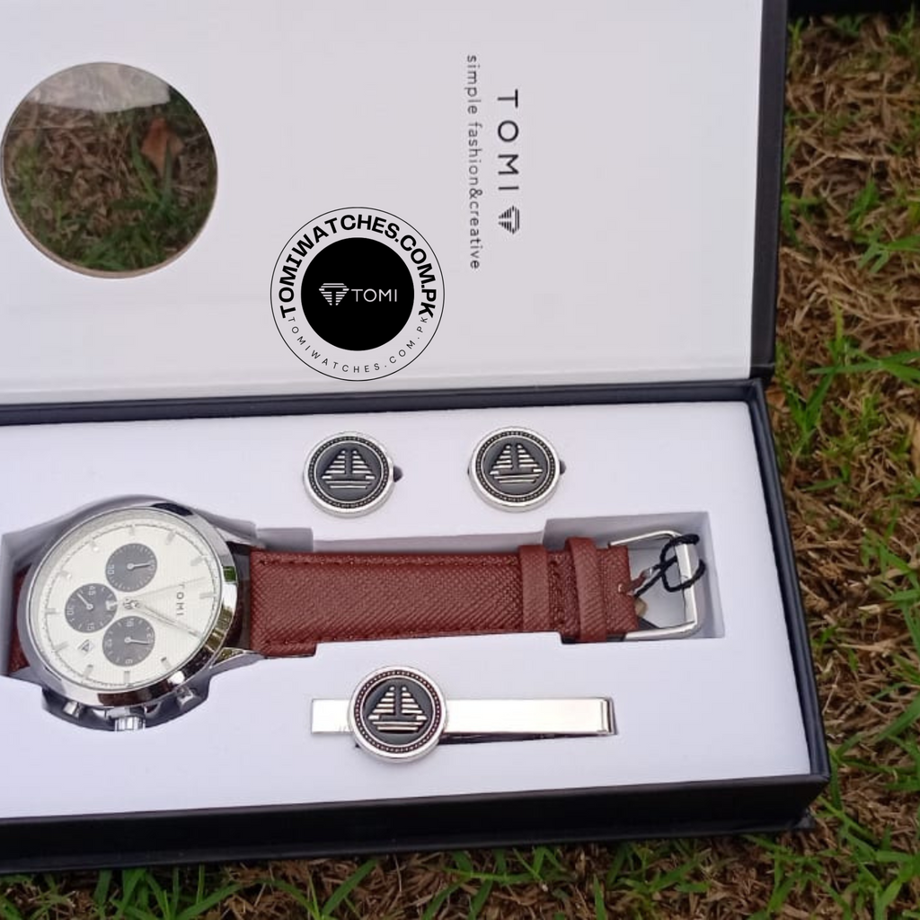 Tomi T-604 Men’s Luxury Stainless Steel Watch with Tomi Logo Cufflinks | Premium Quartz Wristwatch - Tomi Watches