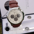 TOMI T-604 luxury watch and logo cufflinks set with brown leather strap and cream chronograph dial