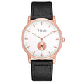 TOMI T-072 Slim Dial Quartz Watch with Leather Strap - Rose gold case watch with a white dial, sub-dial, and black leather strap.