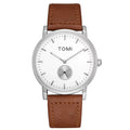 TOMI T-072 Slim Dial Quartz Watch with Leather Strap - Silver bezel watch with a white dial and brown leather strap.