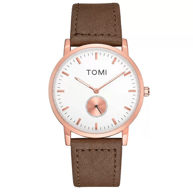 TOMI T-072 Slim Dial Quartz Watch with Leather Strap - Rose gold case watch with a white dial and dark brown leather strap.