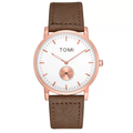 TOMI T-072 Slim Dial Quartz Watch with Leather Strap - Rose gold case watch with a white dial and dark brown leather strap.