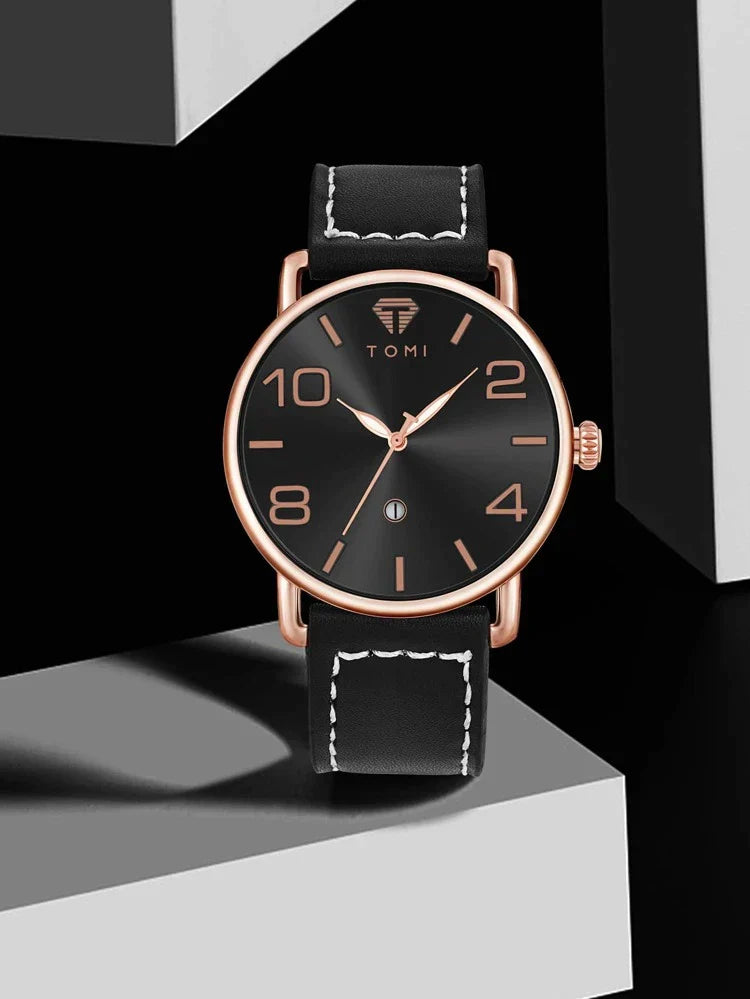 TOMI T-035 Men Wrist Watch Quartz Date Round Dial RoseGold-Black - Tomi Watches