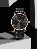 TOMI T-035 Men Wrist Watch Quartz Date - Rose gold bezel with a black dial, large numerals, and a stitched black leather strap.