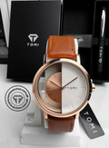 TOMI T-080 unisex watch with two-tone white dial, brown leather strap, and premium pen gift box