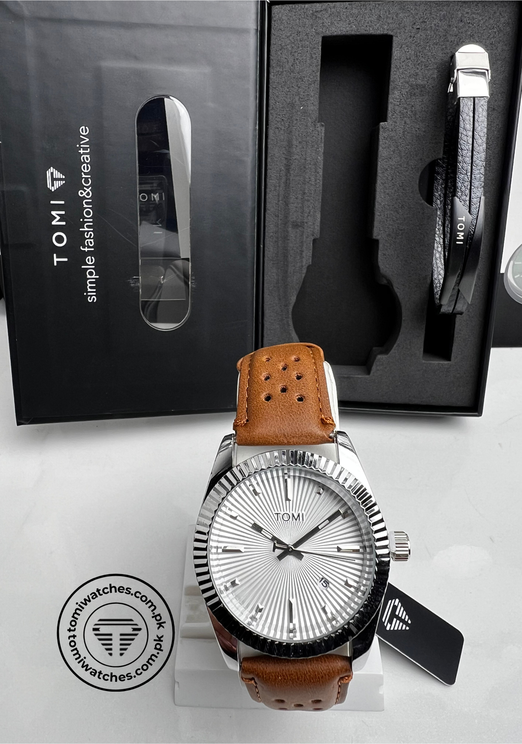 TOMI T-098 silver dial men's watch with tan leather strap