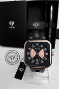 Rose gold and black dial TOMI T-094 luxury watch with black leather strap on display