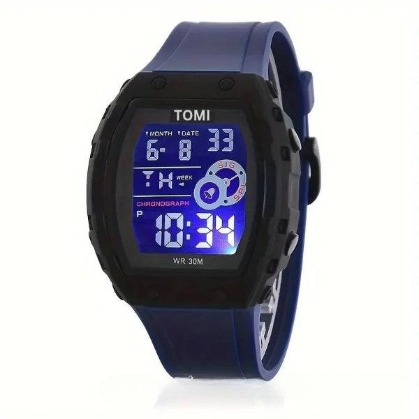 TOMI T-209 Men's Digital Sports Watch – Navy blue model with a contrasting black bezel and an illuminated digital interface.