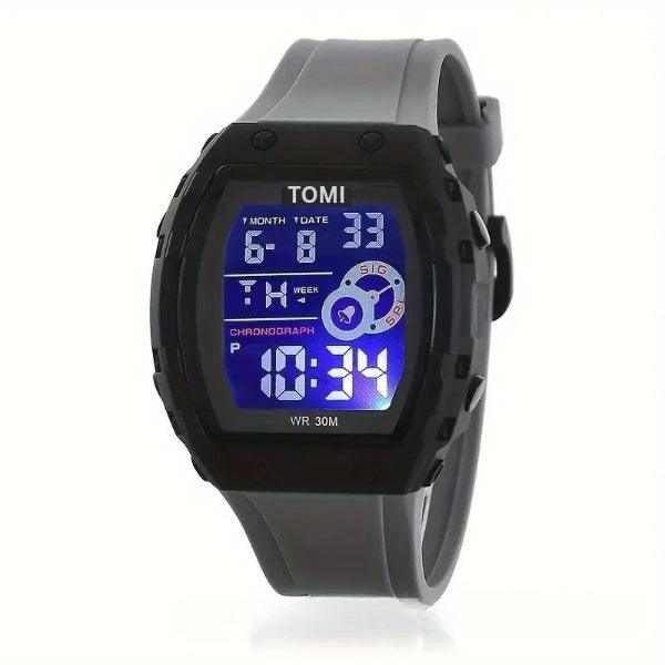 TOMI T-209 Men's Digital Sports Watch – Grey color variant featuring a black digital face and a durable, matching grey silicone strap.