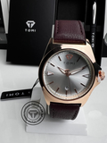Grey dial TOMI T-041 business watch with brown leather strap and rose gold case