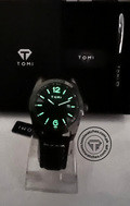 Glow-in-the-dark dial showcasing the luminous hands and hour markers