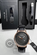 TOMI T-101 black dial watch with rose gold case and black leather strap