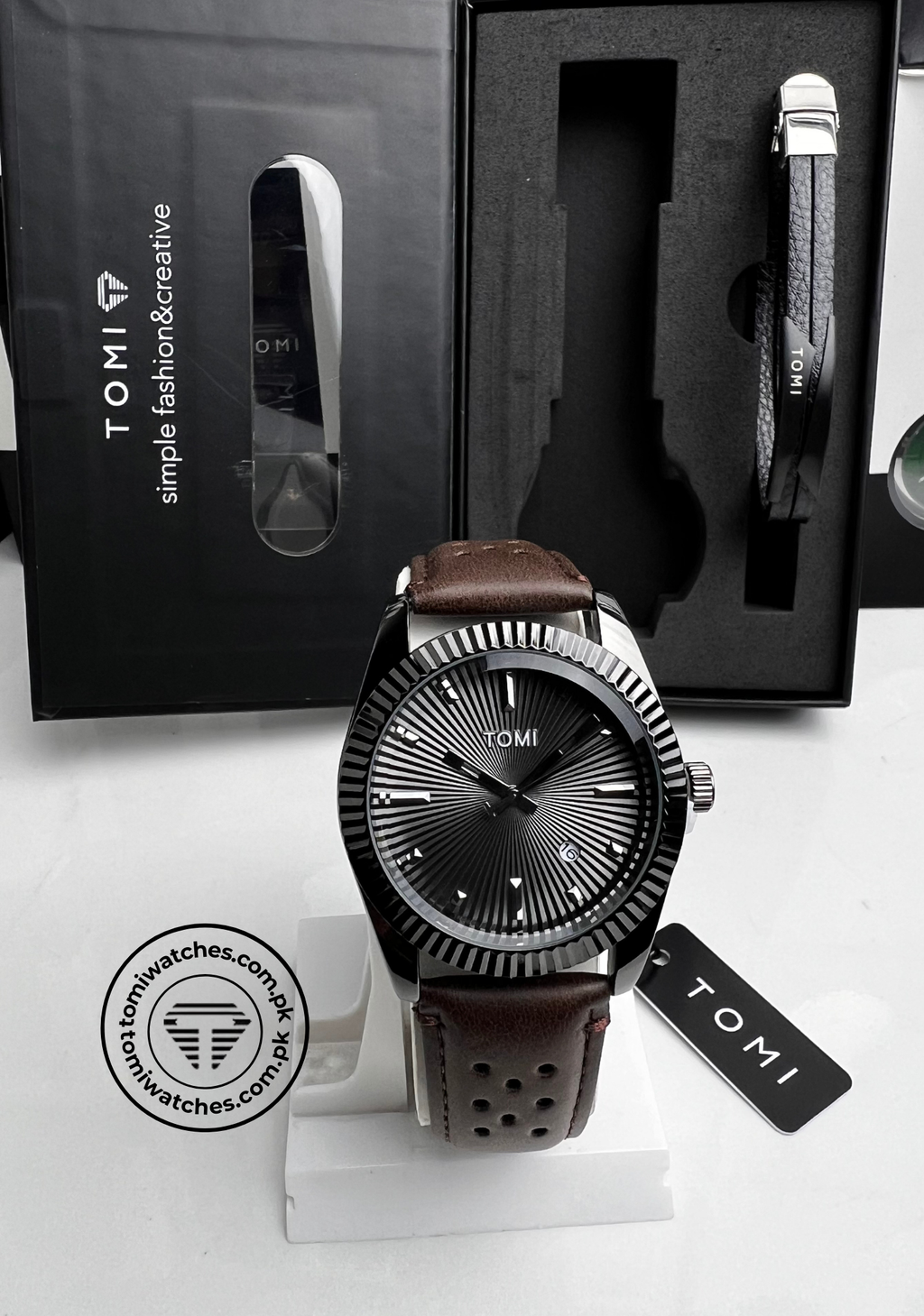 TOMI T-098 black dial watch with brown leather strap and gift box