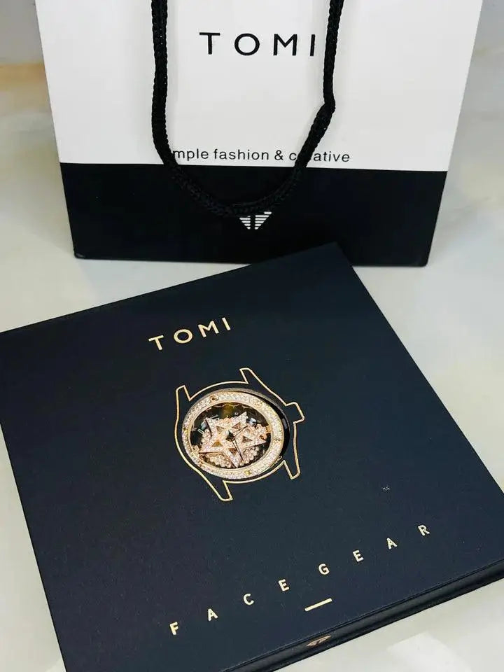 TOMI Skelton Iced Out Spinner Face Gear Silver - Tomi Watches