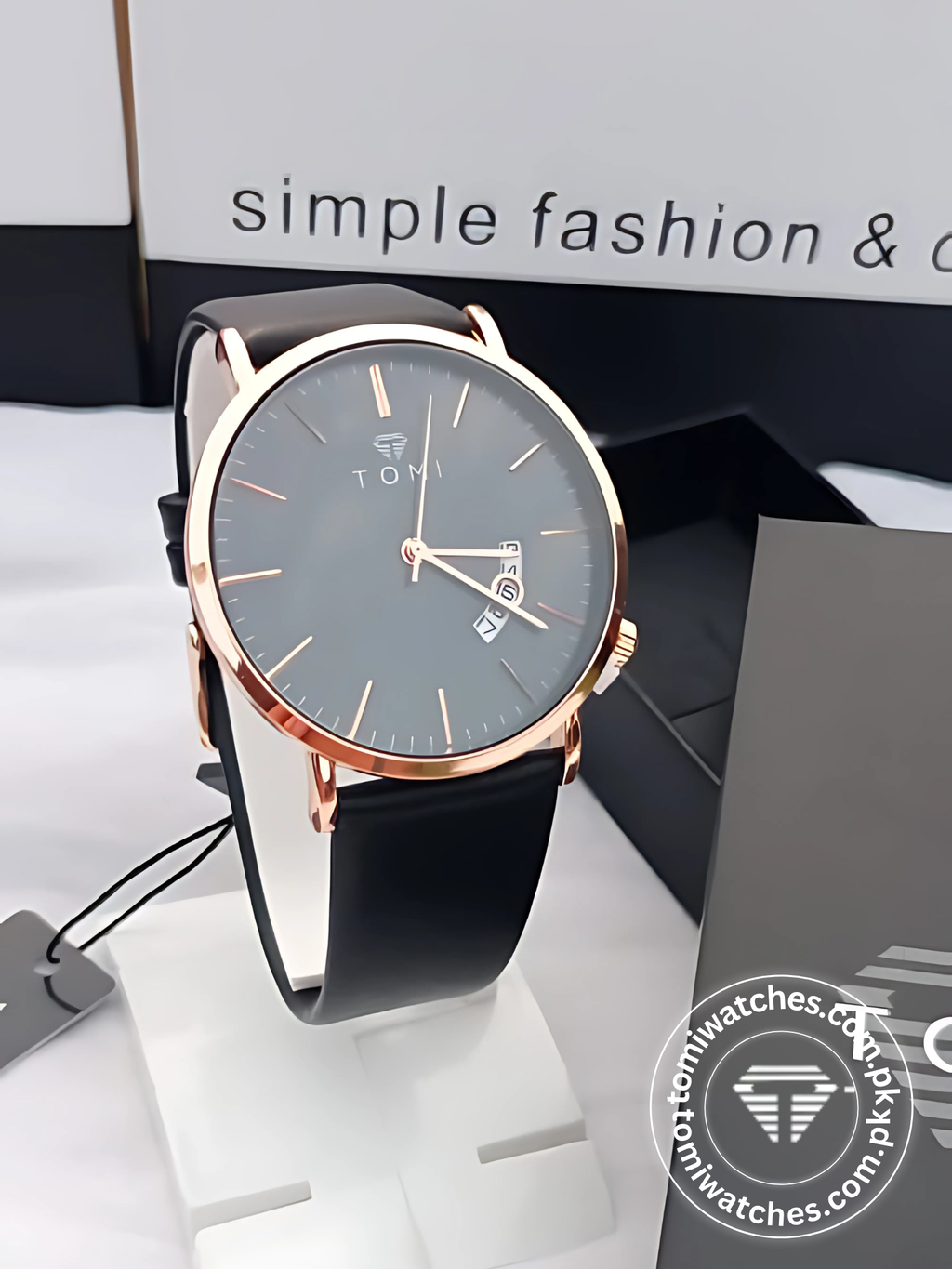TOMI T-018 rose gold quartz stainless steel watch with black dial on display stand