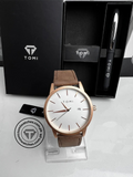 TOMI T-071 Men Watch Date with Pen Gift Set featuring a white dial and brown leather strap