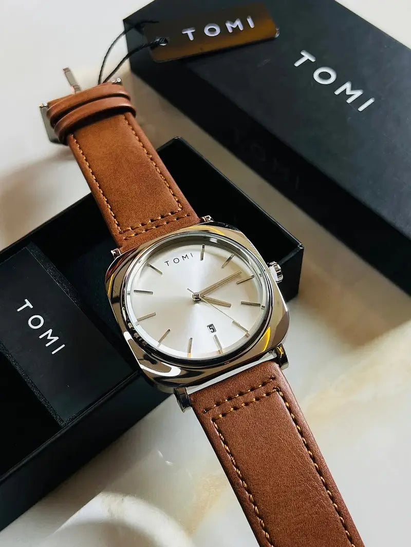 TOMI T-084 Men's Leather Strap Quartz Date Watch - Tomi Watches