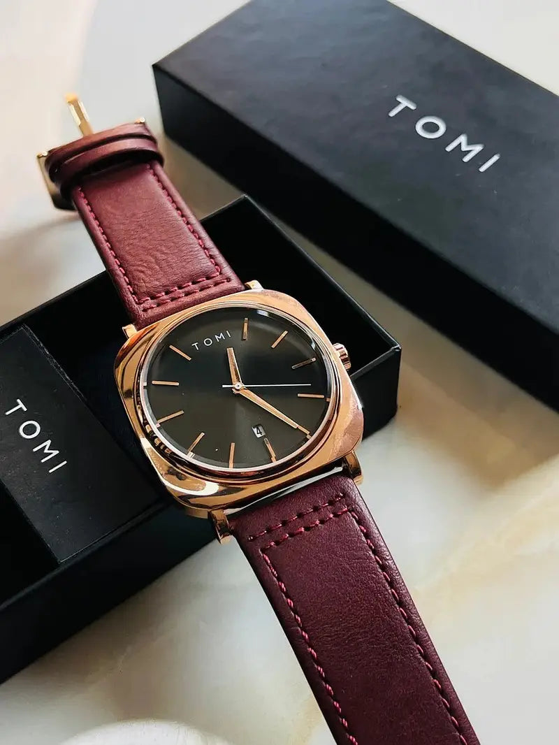 TOMI T-084 Men's Leather Strap Quartz Date Watch - Tomi Watches