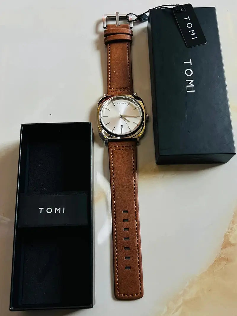 TOMI T-084 Men's Leather Strap Quartz Date Watch - Tomi Watches