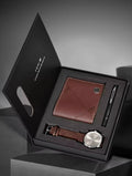 TOMI T-044 3PCS Gift Box Set with Watch, Wallet & Pen featuring a brown leather strap watch and textured brown wallet