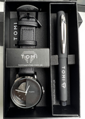 Black dial TOMI T-080 unisex watch with black leather strap and matching pen gift set