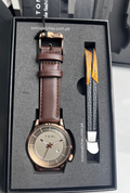 TOMI T-101 silver dial watch with brown leather strap and bracelet