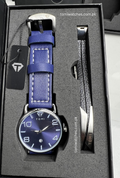 TOMI T-035 blue dial watch with matching blue leather strap and bracelet