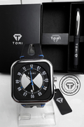 Black dial TOMI T-094 men's watch with blue accents and black leather strap