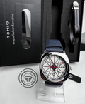 TOMI T-112 blue leather strap watch with geometric dial and gift box
