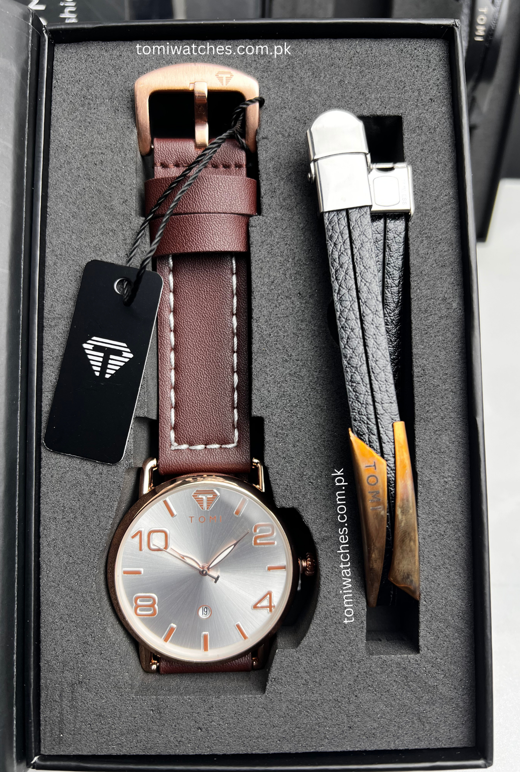 TOMI T-035 silver dial watch with brown leather strap and bracelet gift set
