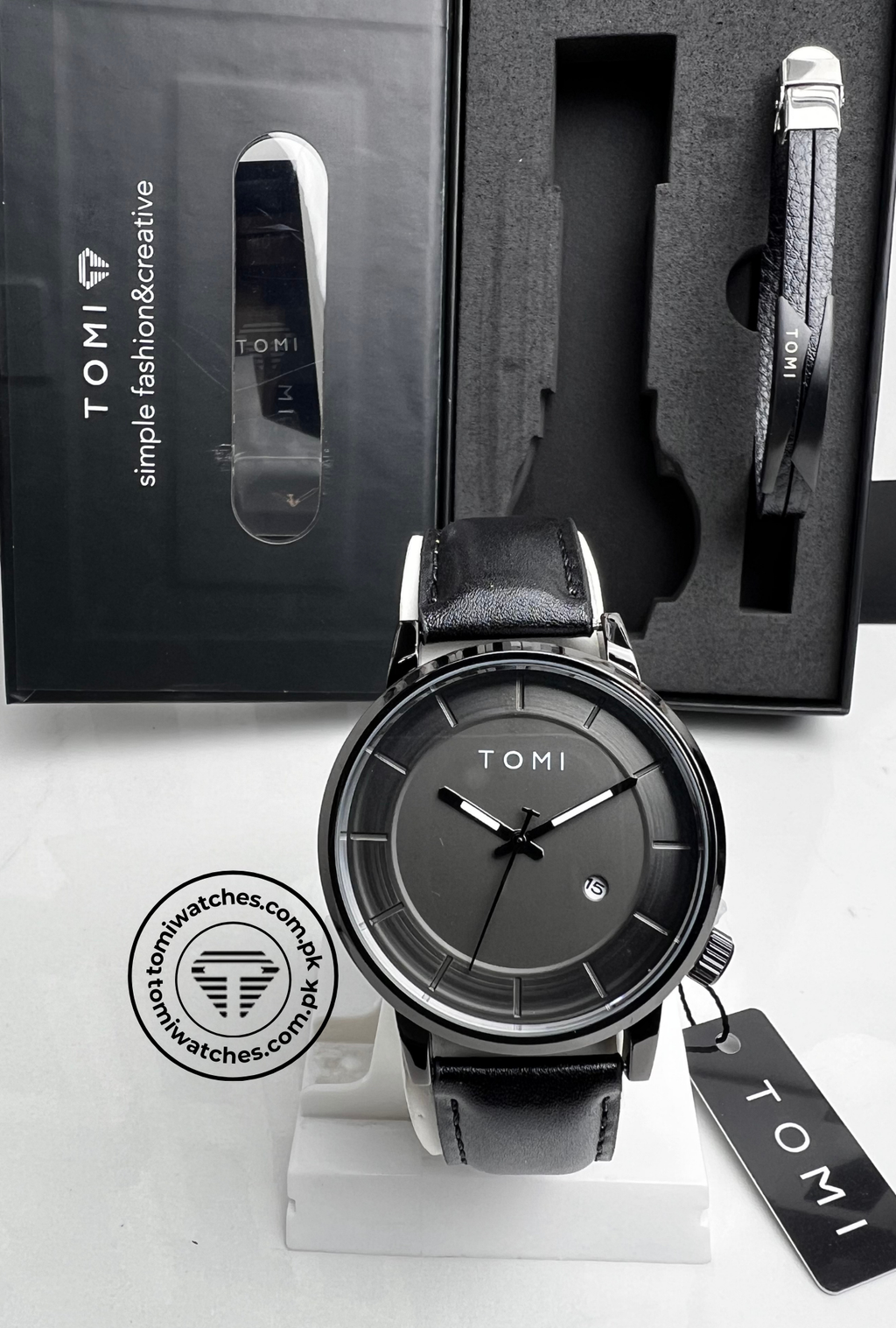 TOMI T-101 dark grey dial watch with black leather strap