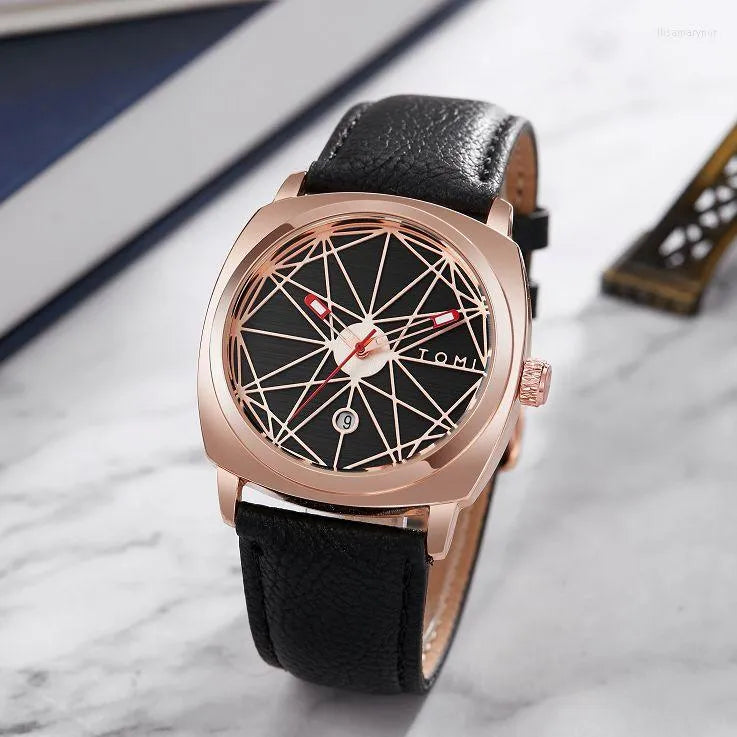 TOMI T-112 Men's Watch Square Dial with rose gold case and black leather strap