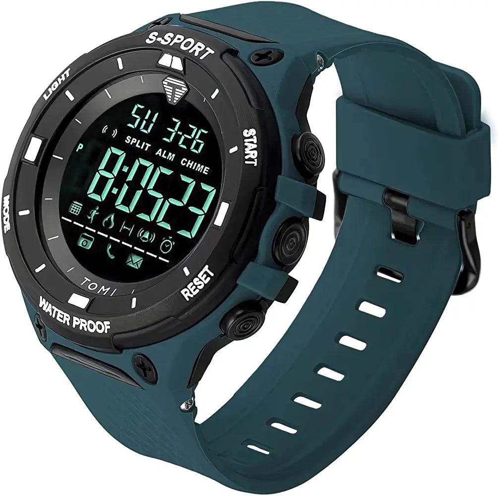 TOMI T-214 Men's Digital Sports Watch - Deep teal green digital sports watch displayed upright.