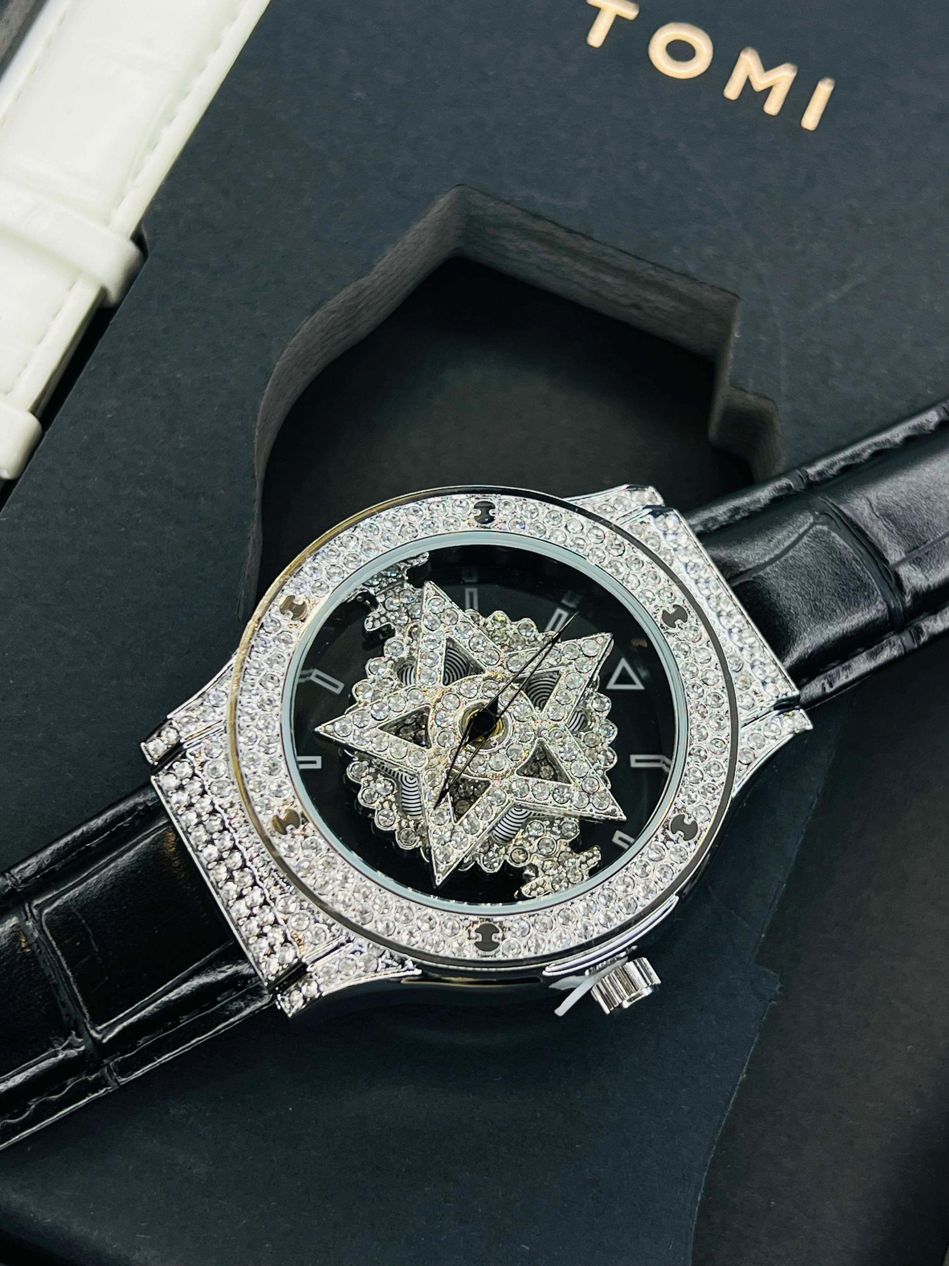 TOMI Iced Out Spinner Face Gear Silver - Tomi Watches