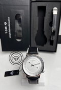 TOMI T-101 silver dial men's leather watch with black strap