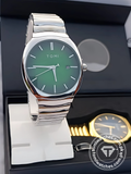 TOMI T-307 men's quartz stainless steel watch with green dial and silver strap