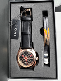 TOMI T-112 black leather strap and rose gold dial watch paired with stainless steel bracelet