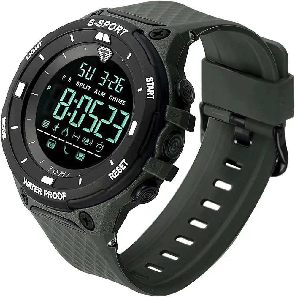 TOMI T-214 Men's Digital Sports Watch - Dark olive green digital sports watch with a black strap.