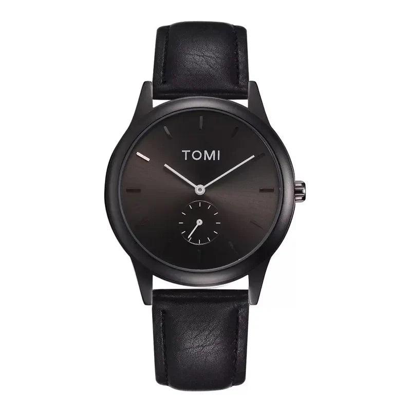 TOMI T-088 Business Quartz Unisex Watch – All-black minimalist watch with a dark dial and matching strap.