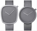 TOMI Couple Watch Leather Straps - Solid grey couple watches with curved square and round dials on grey leather straps.