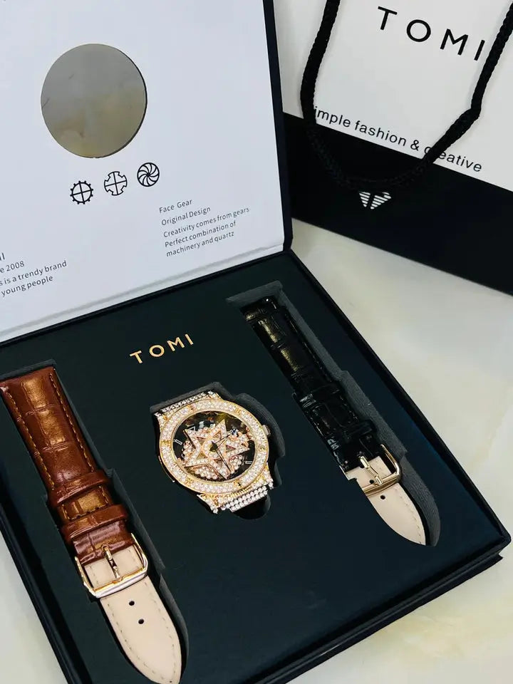 TOMI Skelton Iced Out Spinner Face Gear Silver - Tomi Watches
