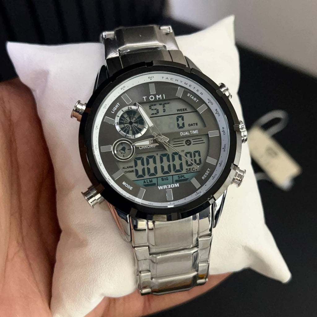 TOMI T-1942 dual time watch black case steel strap