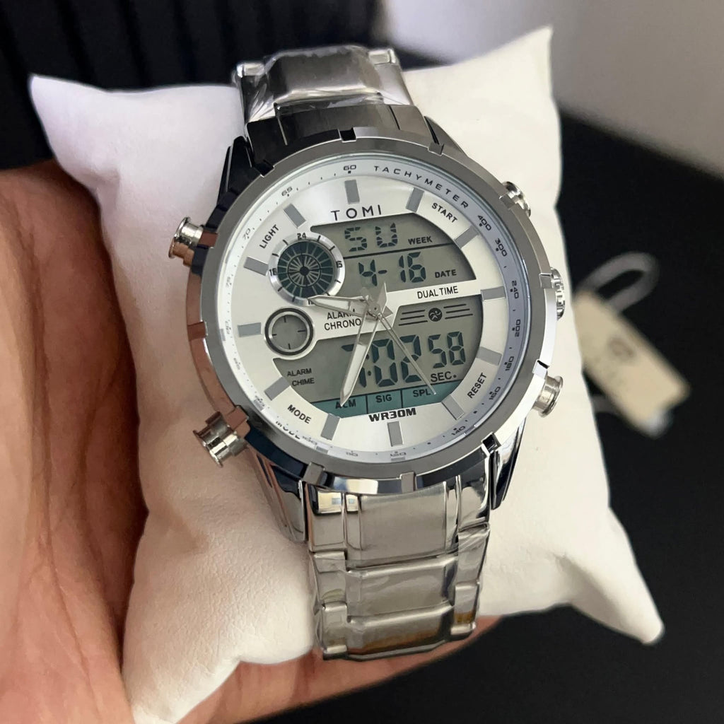 TOMI T-1942 dual time watch silver stainless steel strap