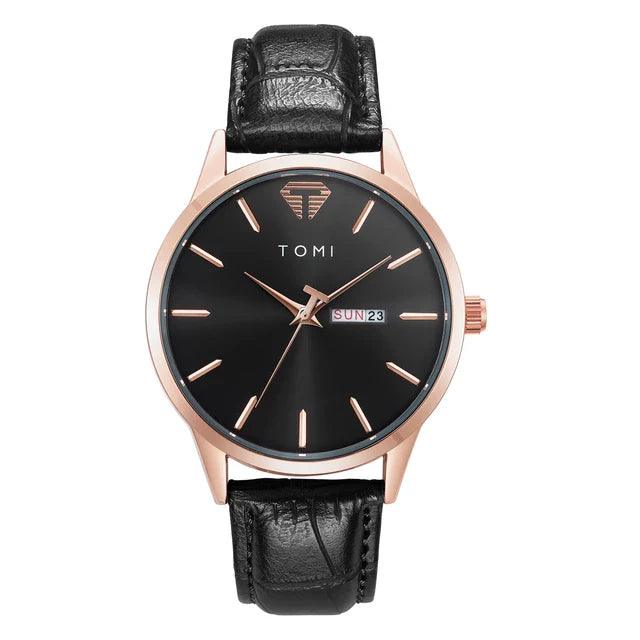 TOMI T-045 Quartz Wrist Watch For Men - Rose gold case with a black dial and black crocodile-textured leather strap.
