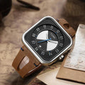 TOMI T-094 Luxury Square Dial Men's Watch - Silver-rimmed black and white dial watch with a brown leather cutout strap.