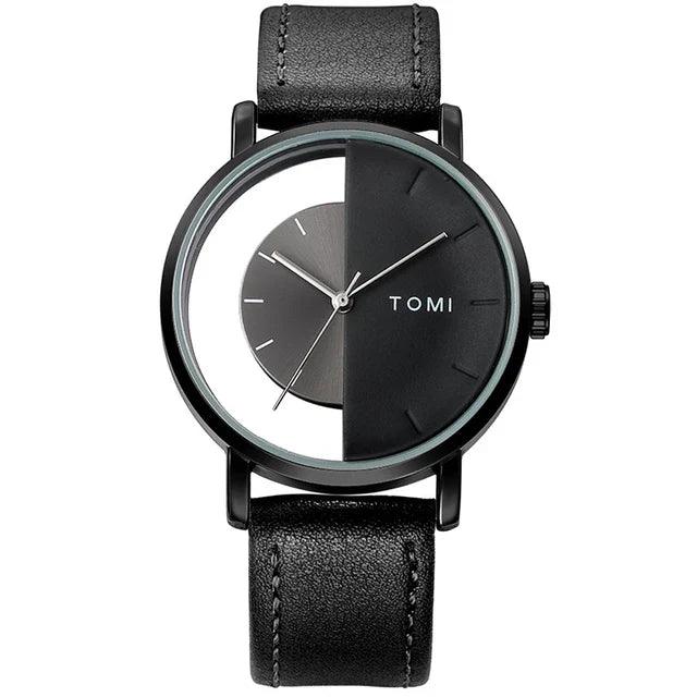 TOMI T-080 Unisex Half Transparent Watch - Black case watch with a split half-transparent and black dial on a black leather strap.